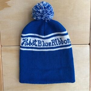 Vintage 1980s Pabst Blue Ribbon Pom Pom Beanie - Retro Après Ski Winter Hat